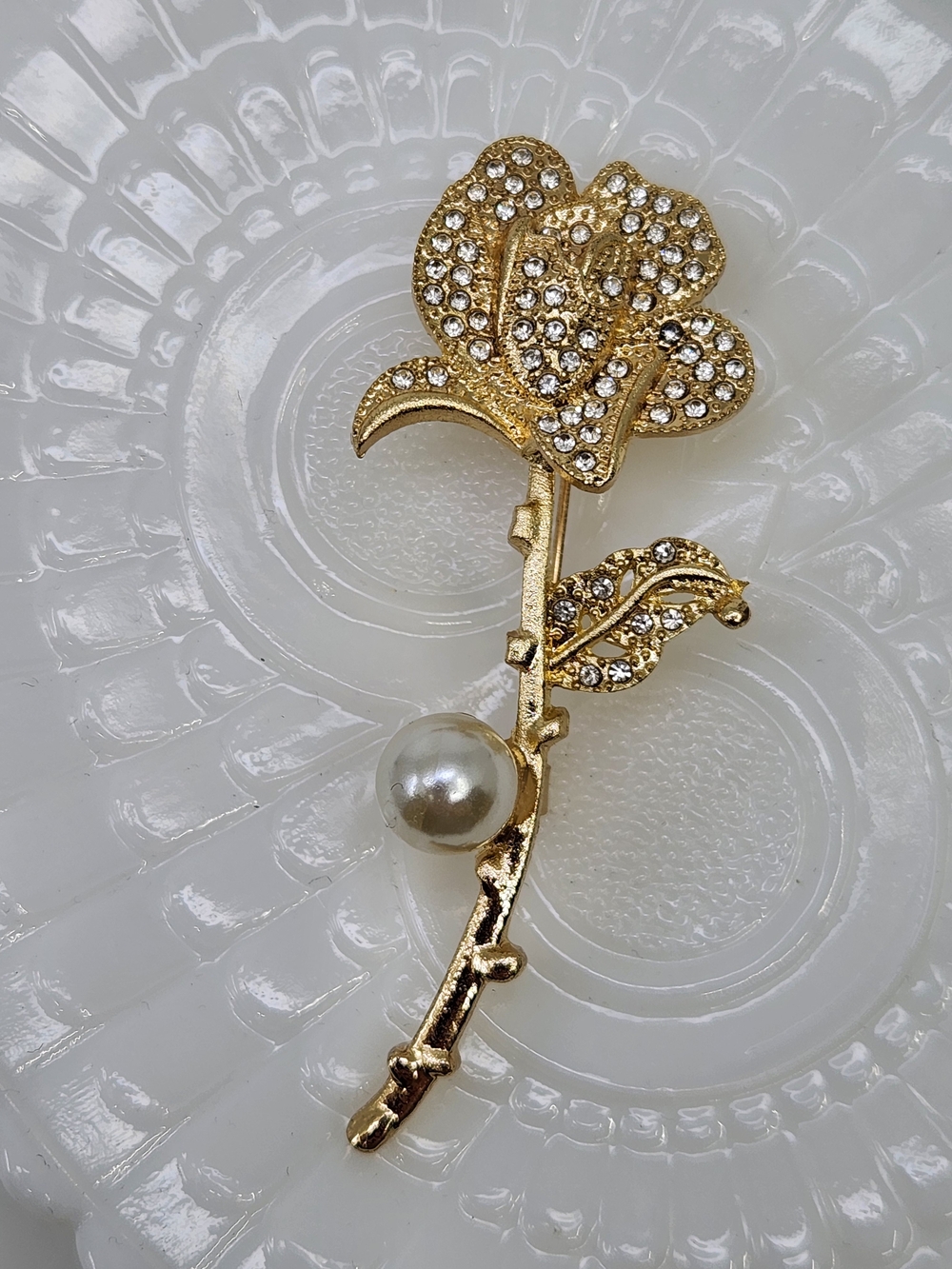 Gold Tone Crystal Rose Brooch with Faux Pearl Accent